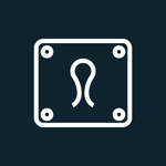 a white logo with screws